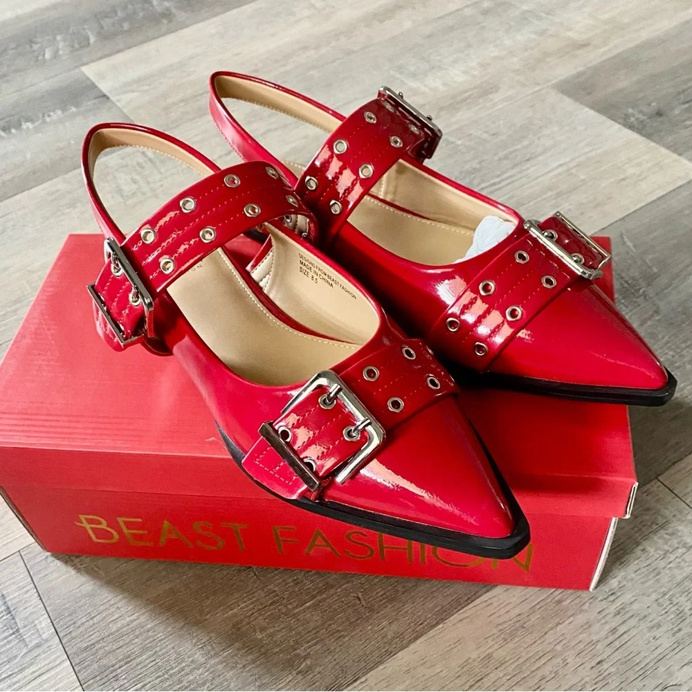Beast Fashion Red Faux Patent Grommet Buckle Pointed Toe Shoes Flats 7.5 - Picture 2 of 7